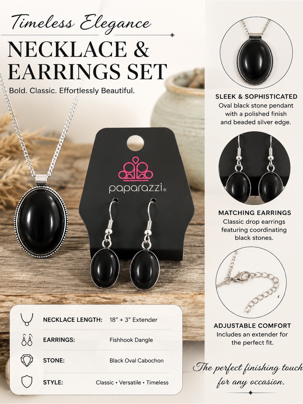 paparazzi Black Oval Cabochon Necklace & Earrings Set